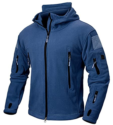 CARWORNIC Giacca in pile tattica da uomo, calda, con cappuccio, giacca invernale militare, sportiva, per l'outdoor, caccia, escursionismo, jackett, Blu, XXL
