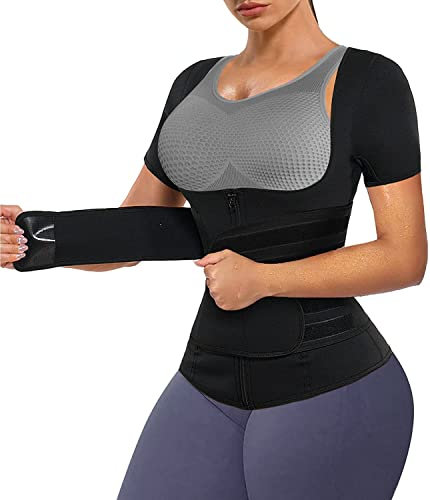 KUMAYES Neopren Sauna Weste mit Bauchweggürtel Damen Shirt Thermo Saunaanzüge Tanktop Unterbrust Fitness Body Shaper (Schwarz, M)