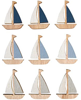 Rayher Holz-Streuteile Schiff, 9 Stück, mit Klebepunkt, 3 x 4 cm, sortiert 3 Farben, Holzstreuer Tischdeko, Tischstreuer, Streudeko, maritim, 46675000, Bunt