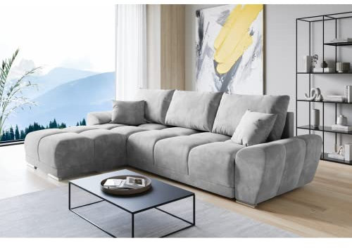 ML Furniture Ltd Velvet Ecksofa in L-Form – Hellgrau Sofa 289 x 189 cm – Couch mit Stauraum und Kissen - Ausziehbares Schlafsofa – Sofa mit Schlaffunktion - Schlafsofa mit Bettkasten