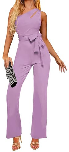 AUXDIO Damen-Jumpsuit für den Sommer, einschultrig, elegant, lässig, ärmellos, hohe Taille, Gürtel, weites Bein, Ein Lavendel-Lila, Large
