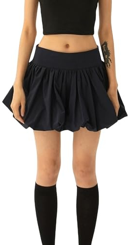 FeMereina Women Bubble Mini Skirt Casual Solid Color Elastic Waist Ruffle Hem A-Line Skirt High Waist Puffy Flared Skirt Y2K Streetwear (Black, S)