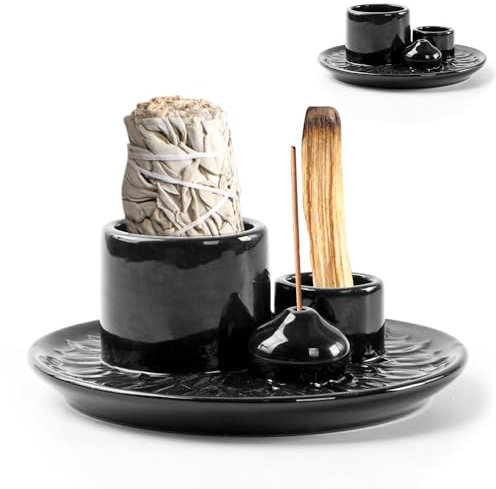Mineup 4 in 1 Räucherschale, Palo Santo Halter, Räucherschale für jedes Räucherwerk, Räucherstäbchen, Weißer Salbeibrenner, Keramik Räucherschale, Keramik Aschefänger Tablett für Meditation,Yoga