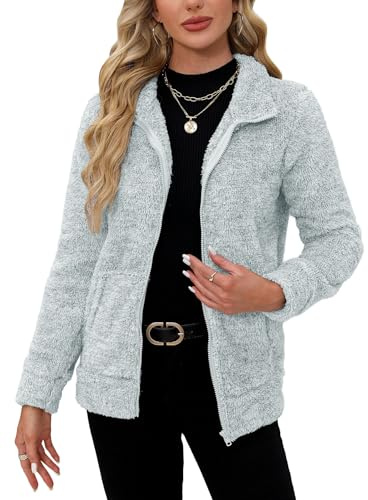 BesserBay Giacca invernale da donna con colletto alto in pile teddy, calda, con zip completa e tasche, felpa con zip S-XXL, argento, M