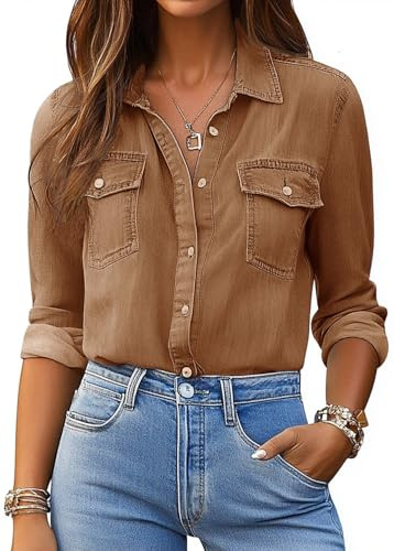 Women Denim Shirts Button Down Blouse Long Sleeve V Neck Casual Tops