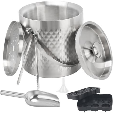 VirtuGro 3L Ice Bucket with Lid and Tongs, Double Walled Stainless Steel Insulated Large Ice Bucket for Parties, Bars, Pubs, Restaurants, Clubs, BBQs and Picnics with Ice Ball Moulds