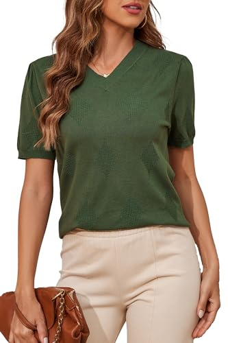 BERESIA,Magliette da Donna a Maniche Corte con Scollo a V e Maniche a Sbuffo, Moda Primavera Estate 2025, T-Shirt Casual Morbide,Verde Militare,S
