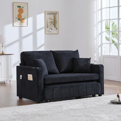 Sofá de dos plazas con función de dormir, sofá cama extensible, sofá plegable multifuncional, con bolsa de almacenamiento, portavasos y 4 cojines, sofás pequeños para espacios pequeños, color negro
