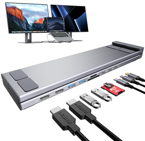 USB C laptop dockningsstation, dubbel bildskärm 4K @60Hz, 9-i-1 USB C-hubb med 2 HDMI, 2 USB 3.0, PD 100 W, universell dockningsstation för MacBook Pro/Air/Dell/HP/Surface/Lenovo