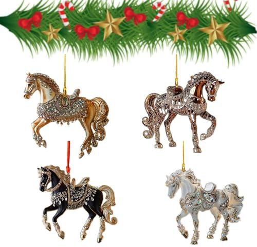 4 Stück Pferd Weihnachtsbaum Anhänger, 2D Acryl Cartoon Pferdeornamente, Süßer Christbaumschmuck für Weihnachten, Deko für Veranda, Flur, Büro, Wohnheim und Feiertage