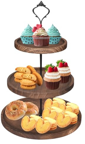 Samlonge Alzatina per Dolci a 3 Livelli, Alzata per Dolci con Manico in Metallo, Alzata per Torta in Legno Resistente, Porta Frutta a Piani per Feste di Compleanno, Matrimoni, Feste di Natale
