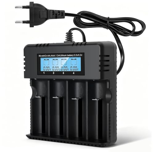 LCD Chargeur de Piles, Chargeur de Batterie Intelligent 4 Ports 3.7V, Chargeur Rechargeable Universel Batteries, Compatible pour 3.7V 26500/18650/14500/16340/AA/AAA