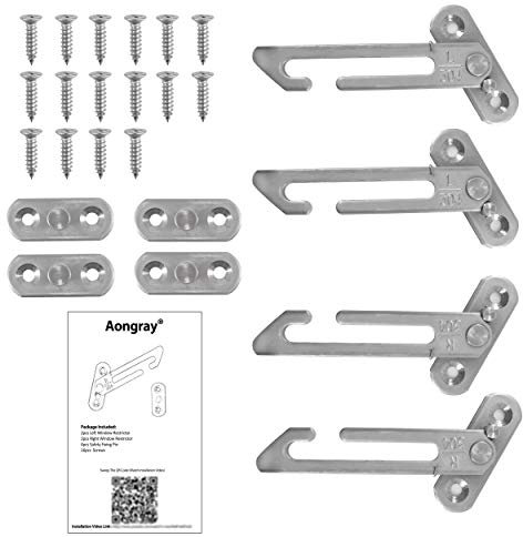 2 Pairs Window Restrictors Locks,Aongray Window Restrictor Hook Window for UPVC Stainless Steel 304 Security Lock Child Lock Restrictor Catch Safety Catch with Screws (Silver,2 Pairs)