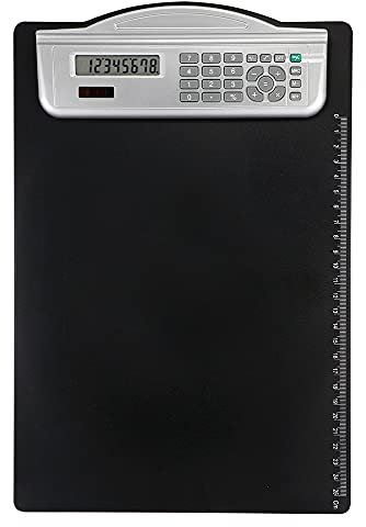 Clipboard with solar calculator - Zwischenablage mit Solarrechner, schwarze und silberne Farbe, Taschenrechner für Solarladung, Lineal, geeignet für Schule, Büro, Studium und Arbeit.