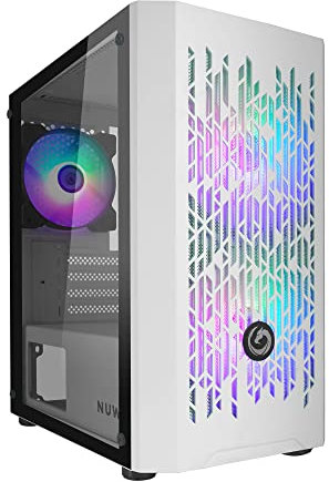 Nuwo Blitz R25 Bianco Case Micro-ATX per PC Desktop Office Gaming Mini Tower 0.50MM SPCC con 3 Ventole Illuminazione Arcobaleno Fissa Pannello Laterale in Vetro Temperato (AxPxL: 388x350x203 mm)