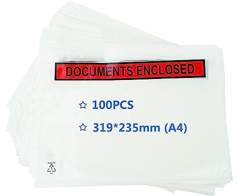 PACK4YA formato A4, 319x235 mm Buste stampate con chiusura adesiva, Documents Enclosed, busta porta documenti per spedizioni, trasparenti portadocumenti autoadesive (confezione da 100)