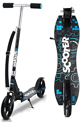 Sonnewelt Monopattino per bambini, con ruote Big Wheel, regolabile in altezza e scooter per adulti, con portata fino a 100 kg, per età 3 e superiori, nero e blu