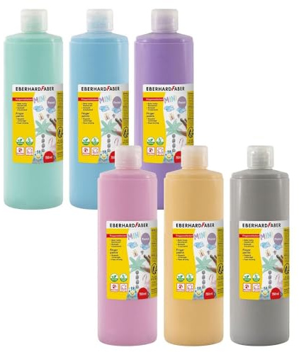 Eberhard Faber 578906 – fingerfärg för barn, set om 6, färger: persika, rosa, lila, pastellblå, mint, varmgrå, innehåll 6 x 750 ml, snabbtorkande och tvättbar
