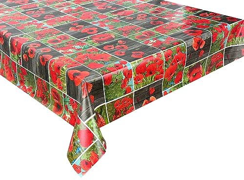Wachstuch Tischdecke abwaschbar Gartentischdecke, Viele Größen und Designs, wasserabweisend (Mohnblumen Rot Grün- WF-5577A, 140 cm RUND)