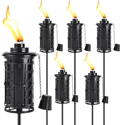 FAN-Torches Paquete de 6 antorchas de jardín mejoradas, antorchas de metal negras para exteriores, decoración de jardín, antorchas de citronela de 59 pulgadas con estaca de 3 puntas, antorchas ligeras