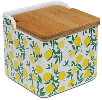 TIENDA EURASIA - Salero y Azucarero de Cocina Lemons | Material Dolomita | Tapa Abatible de Bambú | Medidas 12x12x11 cm y 9x9x8.5 cm | Salero | Azucarero (Salero Lemons)