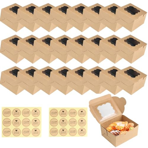 ZUYIST 24 Stück Kuchenschachteln, 4in Geschenkbox mit Sichtfenster und 24 Aufkleber Kleine Kuchenbox Pappe für Macarons Muffin Pralinenschachtel Kleine Geschenk