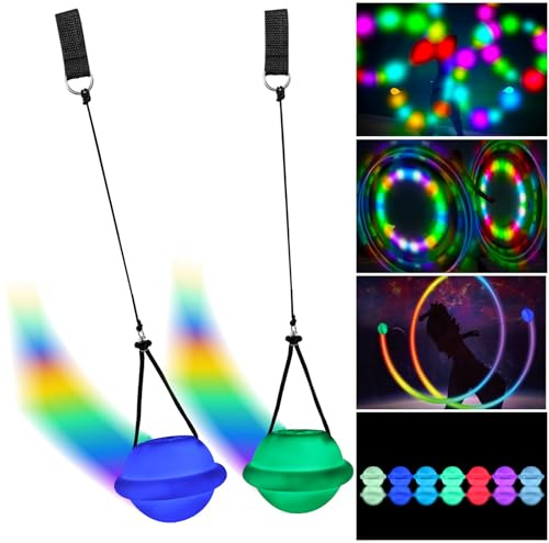 Juego de 2 bolas LED Poi – Bolas de malabares luminosas con colores del arco iris y efecto estroboscópico, bucles dobles ajustables, pois brillantes para niños y adultos, principiantes y profesionales