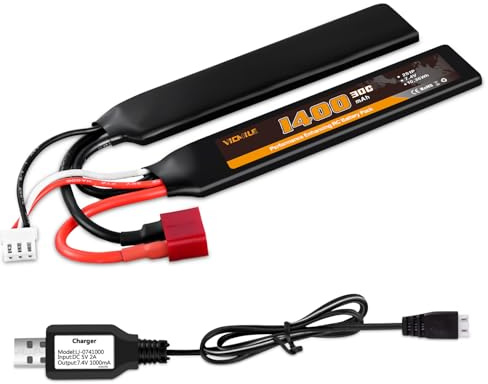 VICMILE 2S Airsoft Battery 7.4V 1400mAh Lipo Battery 30C(Burst 60C) Butterfly Battery Pack with Dean-Style T Plug Fit for Most Airsoft Model Guns Gel Water Bead Blaster with 7.4V USB Charge Cable