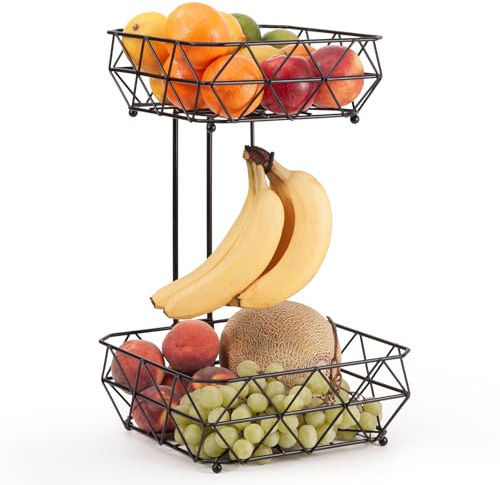 EHC 2 Tier Fruit Basket Stand for Kitchen, Counter Storage Organiser, Vegetable Holder, Fruits Organiser, Easy Assembly, Square Geometric, Black
