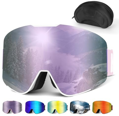 Hikeen Gafas de esquí fotocromáticas, antivaho, 100% protección UV con acolchado de 3 capas para esquí y snowboard, hombres y mujeres, con funda de almacenamiento, color morado