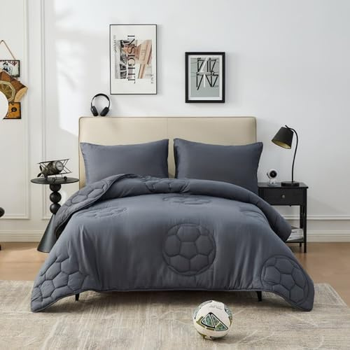 Lions Coverless Duvet Single Bed Size 10.5 Tog - 137x200cm - Football Construction Quilt, Soft Reversible Lightweight Comforter for Kids Boys Girls, Machine Washable, Charcoal