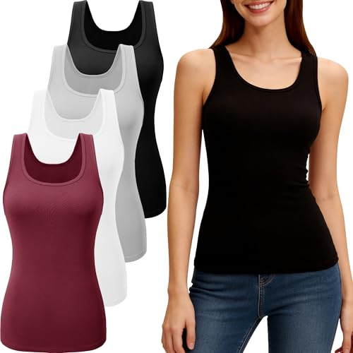 YOIOWVY Vest Tops Women Basic Undershirt Tank-Top Slim Fit 4Pcs | Breathable,viscose blend,ultra-soft & stretchy.Ideal for yoga,gym,office,lounging,travel & daily.Hold shape.Machine washable