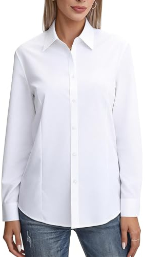 Qoibraze Women's Long Sleeve Blouses Shirts White Button Down Shirt Ladies Business Casual Blouse Top for Work Office (UK, Alpha, L, Regular, Regular)