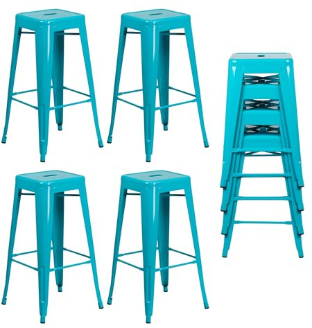 HOM4NISH Metal Bar Stool with Footrest - Set of 2, 4 - Backless, Armless, Square Seat, Counter Height, Stackable Bar Chair