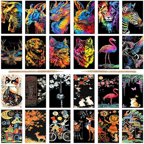 24 Pièces Carte a Gratter Dessin a Gratter Adulte+2 Pièces Stylo Spécialisé Dessin Gratter,Scratch Art Activités Manuelles Adultes,pour Cartes de Vœux Cadeaux Fêtes Noël Cadeau d'Anniversaire Signet
