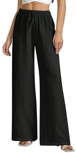 MCA Pantaloni Misto Lino Donna Gamba Larga Leggeri Made in Italy Estivi Vita Alta, Taglio Dritto Elegante e Traspirante, per Mare, Ufficio e Tempo Libero