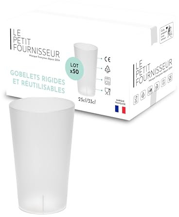 LPF LE PETIT FOURNISSEUR - Lot de 50 Gobelets réutilisables 25cl (33cl à ras-bord) - Polypropylène (PP) alimentaire rigide - Gobelets plastique durables - Compatible lave-vaisselle - Couleur Givrée
