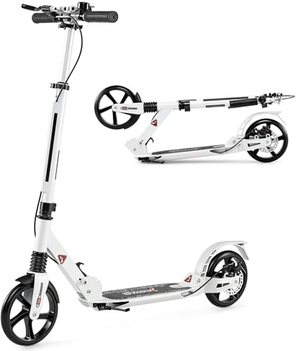 COSTWAY Monopattino Bambini e Adulti, Monopattino a Spinta Pieghevole e Regolabile in 3 Altezze, Monopattino Portatile con 2 Ruote, Cavalletto, Freno e Pedale Antiscivolo, Portata 100 kg (Bianco)