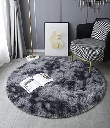 LYKEJI Runder Teppich, Langflor, Modern, für Wohnzimmer, Schlafzimmer, Esszimmer oder Kinderzimmer, Komfortable Hochflor-Bodenmatte Anti-Rutsch-Teppich (120cm X 120cm, Dunkelgrauer Tie-Dye)