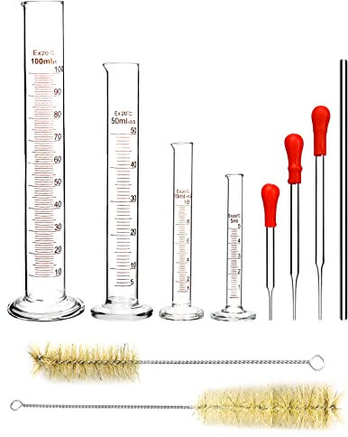 QWORK 4 Pcs Messzylinder Glas, 5 ml/10 ml/50 ml/100 ml, mit 3 Pcs Glaspipetten, 2 Pcs Bürst für Reagenzglas, 1 Pcs Glasrührstab