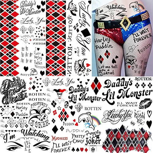 EGMBGM 5 Blatt HQ Temporäre Tattoos Frauen Halloween Make Up, Klebe Gesichtstattoos Joker Kostüm Schminke, Clown Festival Zubehör Fake zum Aufkleben Klebetattoos Erwachsene