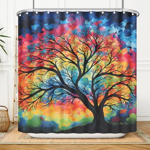 DZGlobal Rainbow Artistic Tree Duschvorhang – Farbige Jahreszeiten Baum Duschvorhang Set Bunte Kreise Punkte Zweig Farbe Badvorhang mit Haken Waschbar 183 x 183 cm Vorhänge für Badezimmer