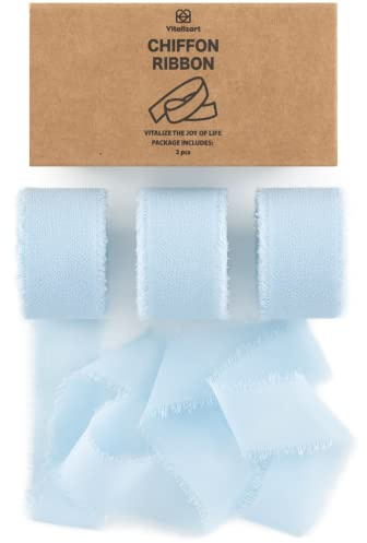 Vitalizart Light Blue Silk Ribbon 1 x 21 Yd, Fringe Fabric Ribbon Package (3 Rolls *7 Yd), Chiffon Ribbon for Wedding Invitation, Bridal Bouquet, Decoration, Gift Wrapping, Bow Making
