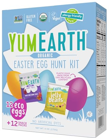 YumEarth Easter Egg Hunt Kit - 12 Eggs with Individually Wrapped Candy Snack Packs - Organic Gummy Fruits & Jelly Beans in Spring Flavors - Allergy Friendly, Gluten Free, Non-GMO, Vegan, No Artificial Dyes