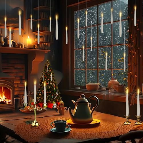 KIKILIVE Flammenlose LED Kerze mit Zauberstab Fernbedienung, floating candles flackernde schwebende Kerzen,LED Stabkerzen flammenlose hängende Fensterkerzen für Weihnachten Halloween Dekoration
