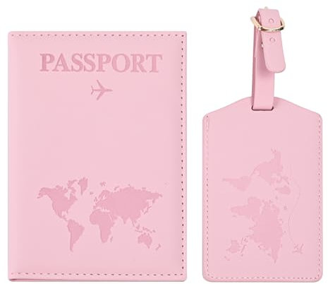 Greyoe Reisepasshülle, Reisepass Organizer, Passport Cover, PU-Leder Reisepass Hülle + Kofferanhänger, für Damen und Herren Urlaub Zubehör Travel Essentials (Sakura Rosa)