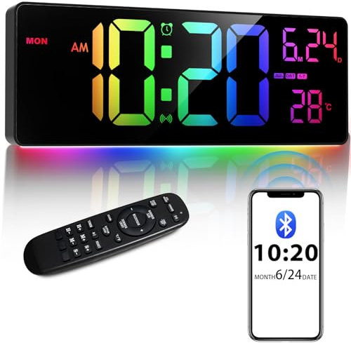 Xflyee 16 Bluetooth Large Digital Wall Clock/Auto Time Sync, 10 RGB Colors Digital Clock Large Display with Remote, Auto-Dimming/DST, Calendar, Timer, Alarm, 6 Night Lights Big Clock for Decor
