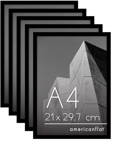 Americanflat Cornice A4 Nere - Set di 5 Cornici A4 per Foto con Bordo Sottile e Vetro Resistente agli Urti - Portafoto da Tavolo con Ganci e Cavalletto Integrati per Pareti e Ripiani