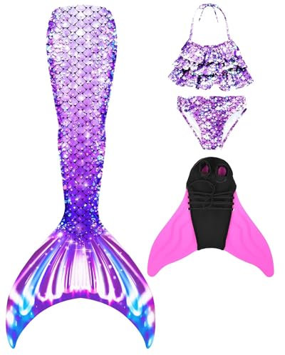 Pyjacos meerjungfrauenflosse mädchen Badeanzug - Meerjungfrau Flosse Bademode mit Bikini Set und Monoflosse Mermaid Tail, 4 Stück Set，F37-130