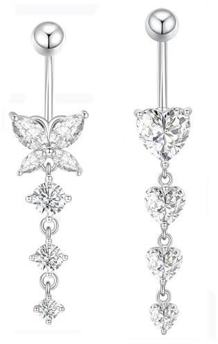 Gojewen Lot de 2 piercings de nombril en argent 10 mm en forme de cœur et de papillon 14 G en acier chirurgical pour femme
